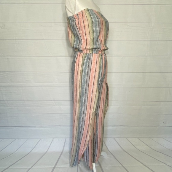 DREW Striped Tulip Leg Strapless Jumpsuit Linen Blend Pastel Rainbow Size Small - Picture 2 of 10